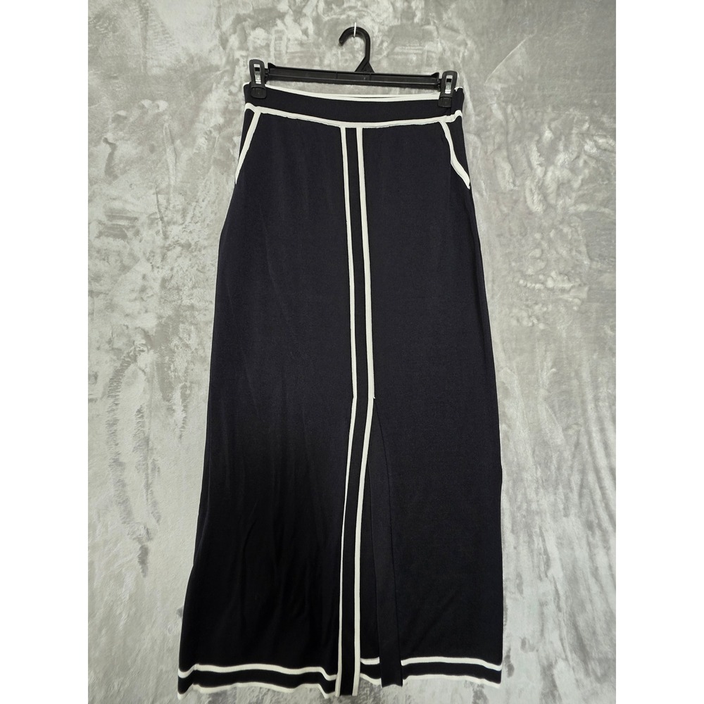 Eva Mendes New York & Company Black White Striped Knit Maxi Skirt Slit Pockets S